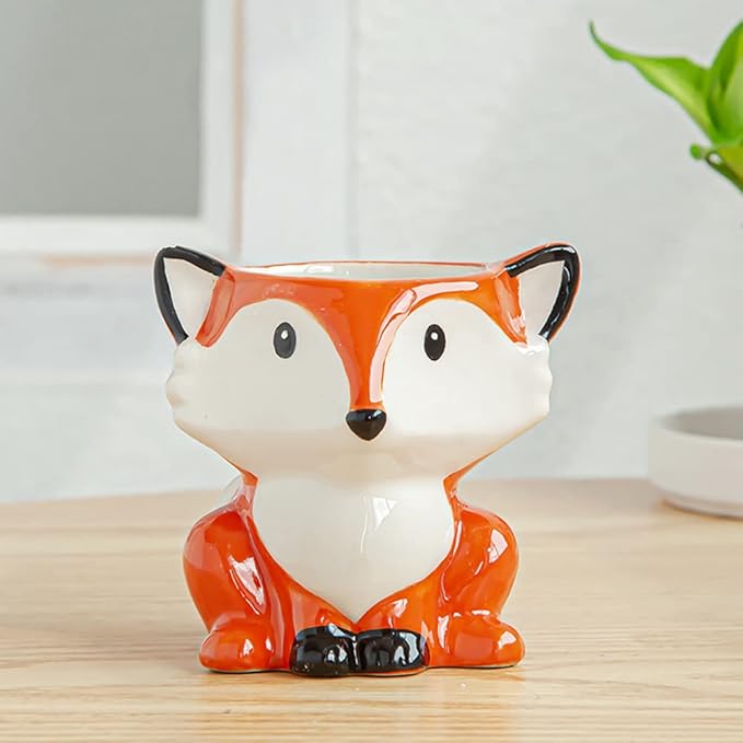 DIYOMR Cute Animal Ceramics Planter Small Succulent Pot Cartoon Shaped Plant Pot for Mini Plants Flower Cactus, Smooth Shiny Ceramic - Plants Not Included (Fox)