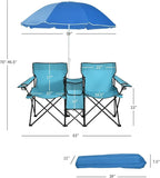Goplus Double Camping Chair with Umbrella, Folding Loveseat Chairs w/Canopy Shade, Carrying Bag, Table, Cup Holder, Portable Beach Chairs Outdoor Picnic Patio (Turquoise)