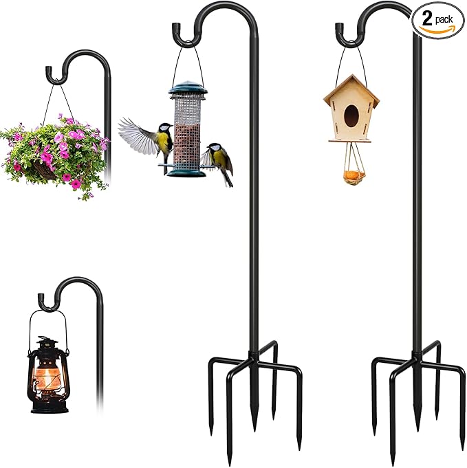 Breeze Touch 2Pack 45 Inch Adjustable Shepherd Hooks for Outdoor Outside, Heavy Duty with 5 Prongs Base, for Hanging Lantern, Hummingbird Feeder, Lightweight Plant, Wind Chime, Bird Feeder Hanger