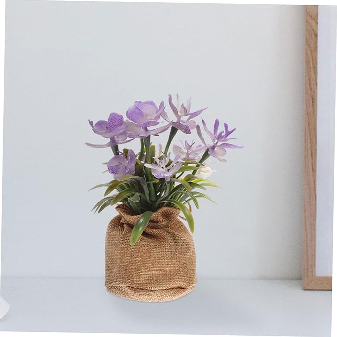 Faux Phalaenopsis Orchid Plant in Pot, Realistic Artificial Plastic Flower, Home Decoration for Living Room Office Bedroom, Potted Faux Flower with Jute Bag