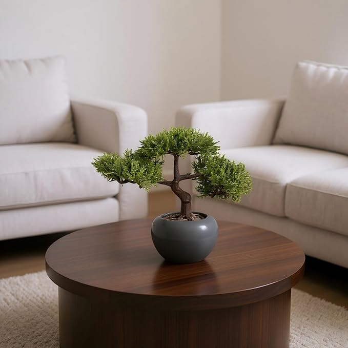 9.5 Inch Artificial Bonsai Tree with Ceramic Pot - Decorative Fake Plant for Home Office Living Room Window Sill, Fake Plants for Year-Round Decoration（Gray）