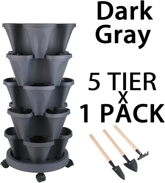 GameXcel Vertical Planter Tower - 5 Tier Stackable Garden Planters with Wheels and Tools Plant Pots for Strawberry Herb Flower and Vegetable Indoor Outdoor Use Dark Gray