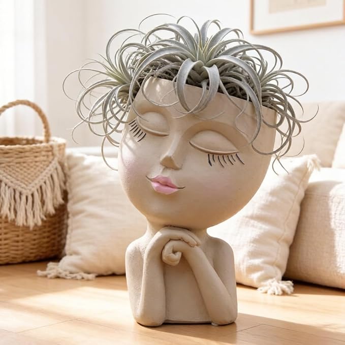 Face Planters Pots Head, Unique Air Plant Holder, Funny Succulent Flower Pot, Cute Indoor Plant Pot with Drainage for Small Herb Cactus, Decorative Vase, Garden Gift for Women, Desk Shelf Art Decor 7"