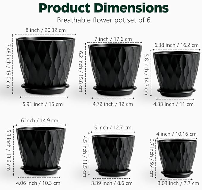 Plant Pots, Self Watering Planters with Drainage Holes and Trays, Flower Pots for Indoor Outdoor - 6 Pack(4/5/6/6.5/7/8 Inch) (Black)