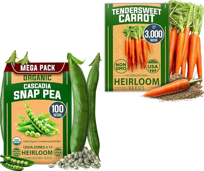 HOME GROWN - Snap Pea Seeds for Planting Organic 100 & Tendersweet Carrots Pack 3000