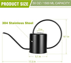 Plant Watering Can, 50 oz / 1500 ml Stainless Steel Metal - Modern Decorative with Long Spout for Indoor Potted Plants, Bonsai, Garden Flowers, Black