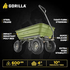 Gorilla Carts Poly Garden Dump Cart, 4 Cu Ft Tub, 600 lb Haul Capacity, Green – Heavy-Duty Utility Wagon with Quick-Release Dumping & Pneumatic Tires for Yard, Landscaping and Gardening