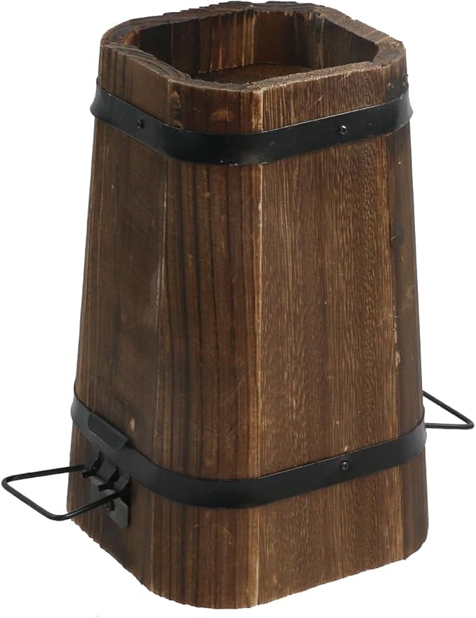 MY MIRONEY Plant Pots, Vintage Wooden Barrel Planter - Solid Rustic Garden Flower Pot with Metal Handles & Frame for Indoor Planter, Office Home Decor, Garden Home Plants, 5.2" x 8.27"