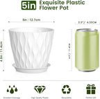 Meowell 5 inch Plant Pots for Indoor Outdoor Plants, 6 Pack Thick Nursery Pots with Drainage Holes and Saucers, 3D Modern Wave Texture Small Plastic Planter Flower Pots for Succulent, Herb, White