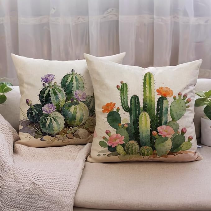 Watercolor Cactus Succulent Pillow Covers 18x18 Inch Set of 4, Colorful Tropical Plant Floral Cactus Cushion Cases, Summer Botanical Flower Throw Pillow Covers,for Sofa Living Room Decor (Green)