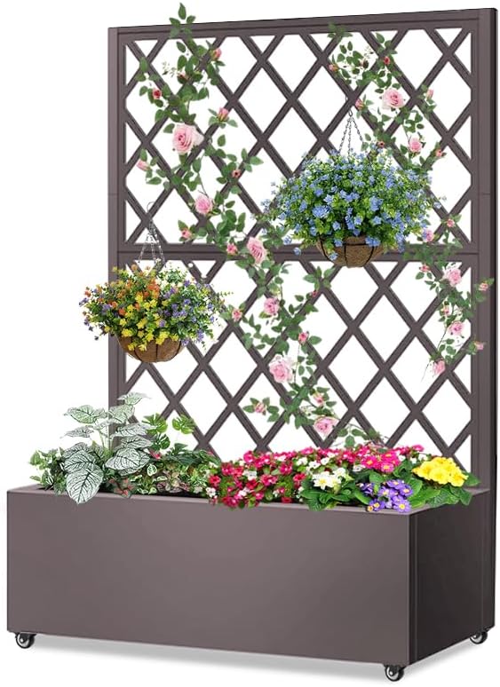 Metal Planter Box with Privacy Screen Trellis,Galvanized Raised Garden Bed On Wheels for Climbing Plants Vines, Standing Garden Flower Bed with Drainage Holes(Espresso, 35" L x16 W x 55" H)