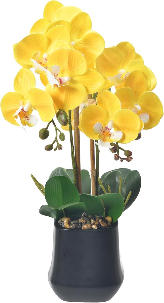 Orchids Artificial Plant in Ceramic Pot 18.5" Faux Orchid Phalaenopsis Flowers Arrangement for Home Office Table Centerpiece Indoor Decor, Yellow