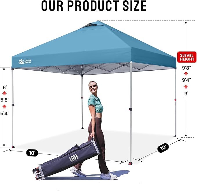 CROWN SHADES 10x10 Pop Up Canopy - Beach Tent with One Push Setup - Easy Outdoor Sun Shade for Events, Parties, Camping - Gazebo with STO-N-Go Cover Bag, Silver Coated Top, Cyan Blue