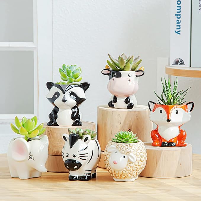 DIYOMR Cute Animal Ceramics Planter Small Succulent Pot Cartoon Shaped Plant Pot for Mini Plants Flower Cactus, Smooth Shiny Ceramic - Plants Not Included (Sheep)