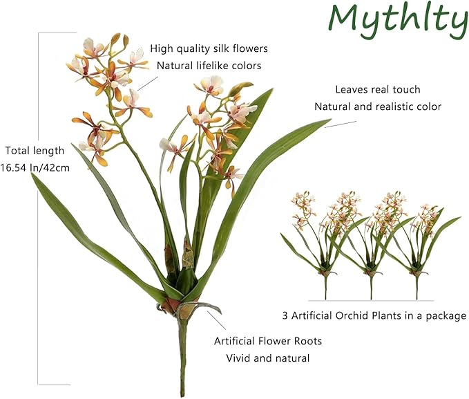 3pcs Artificial Cymbidium Orchid Flowers That Look Real, Faux White-Yellow Orchid Stems for Vases, Silk Flowers for Farmhouse Home Office Indoor Tables Centerpieces Decoration (Yellow)