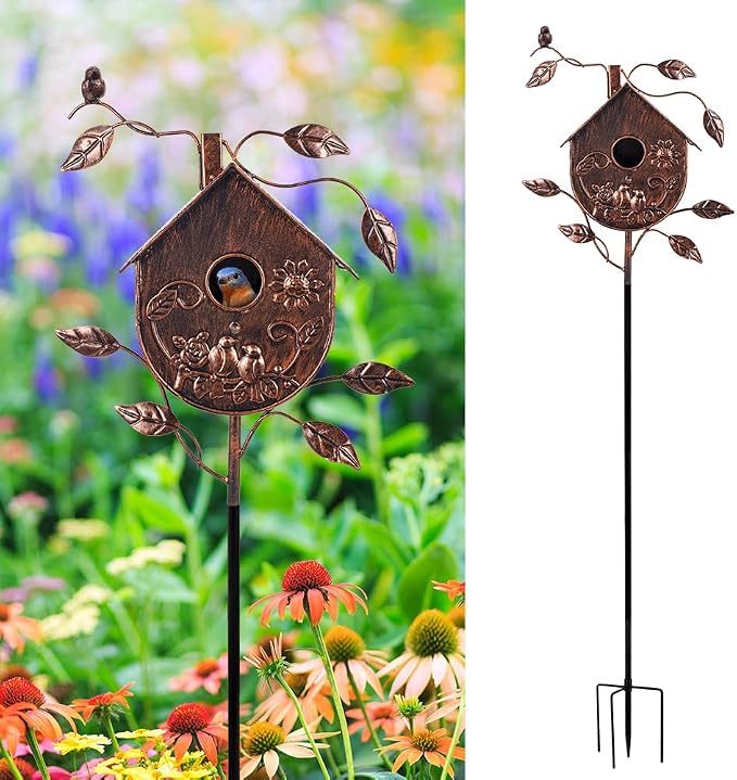 DREAMSOUL 48" Bronze Bird Houses for Outside Decorative Metal Birdhouse, Vintage Bird House Pole with 1.6" Entrance Hole for Patio, Yard, Garden