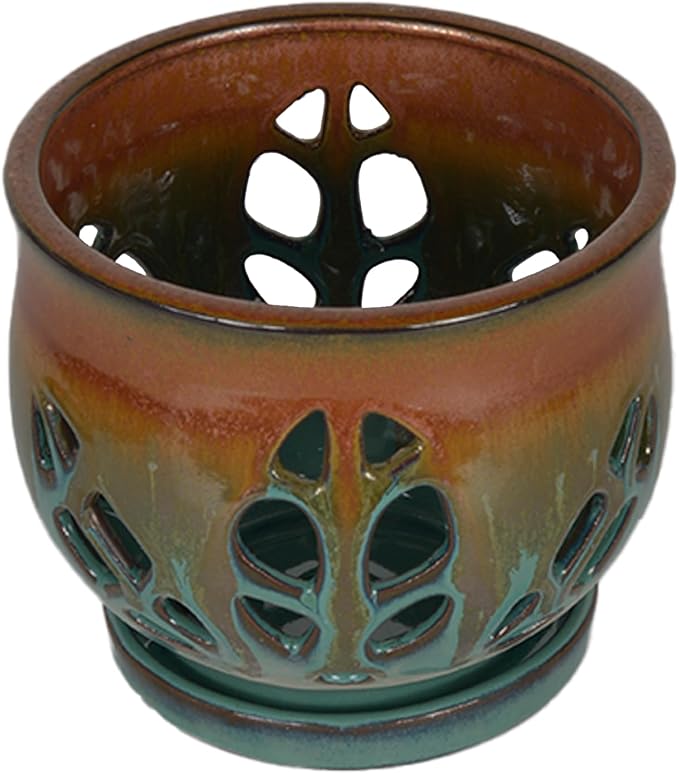 W&W Orchid Pot with Holes and Saucer for Repotting, Tan Mix, 6.5"