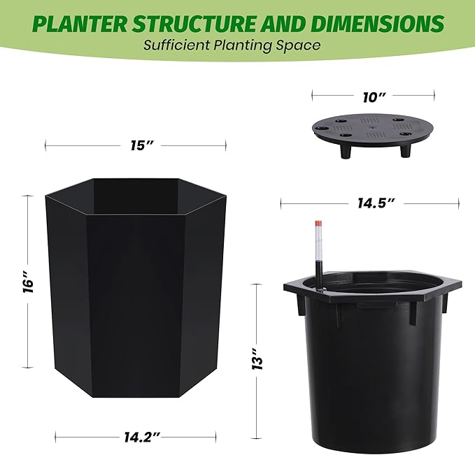 16in Flower Pot Set of 2, Self Watering Planters for Indoor Plants with Water Level Monitoring, Water Outlet for Garden Plant Pots, Patio, Balcony, Lounge, Front Porch Decor