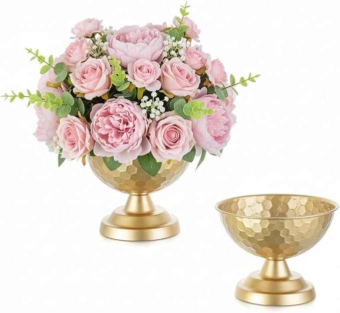 Sziqiqi Urn Vase Gold Centrepiece: 5.5in Small Vintage Vases Set for Table Decorations - Wedding Vase Elegant for Floral Arrangement - Metal Honeycomb Flower Pot for Party Reception Dinner Table