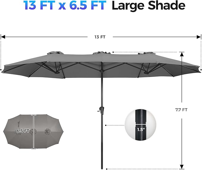 SUPERJARE 13FT Outdoor Umbrella for Patio, Double sided Pool Umbrellas with Fade Resistant Canopy, Large Table Umbrella for Deck, Market, Backyard - Dark Gray