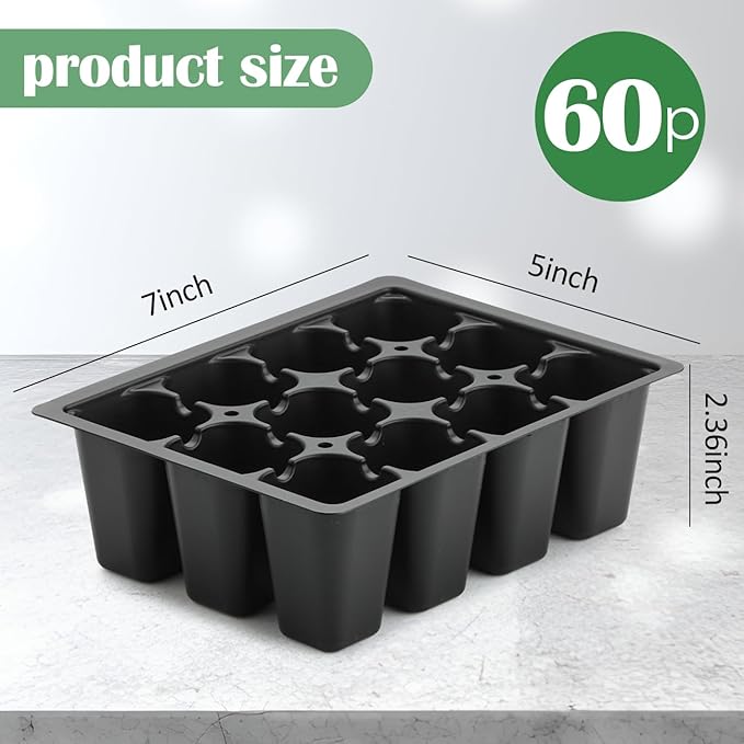 RooTrimmer 60 Pack Reusable 12-Cell Seed Starter Tray, Plant Starter Trays with Large Drainage Holes for Seed Germination, Easy to Repotted, Fits Standard 1020 Flats and TD377 Trays, Black