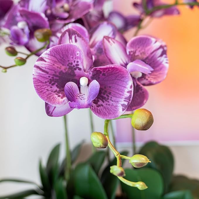 DUYONE 35 Inch Artificial Butterfly Orchid Flowers 4 Pcs with 4 Bundles Leaves Artificial Orchid Flowers Stem Plants for Home Décor (Deep Purple)
