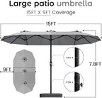 DomeShade 15ft Patio Umbrella with Base,Large Outdoor Double-Sided Rectangle Umbrella with Crank Handle, Market Umbrella for Poolside Garden Deck Backyard Beach Pools, Gray