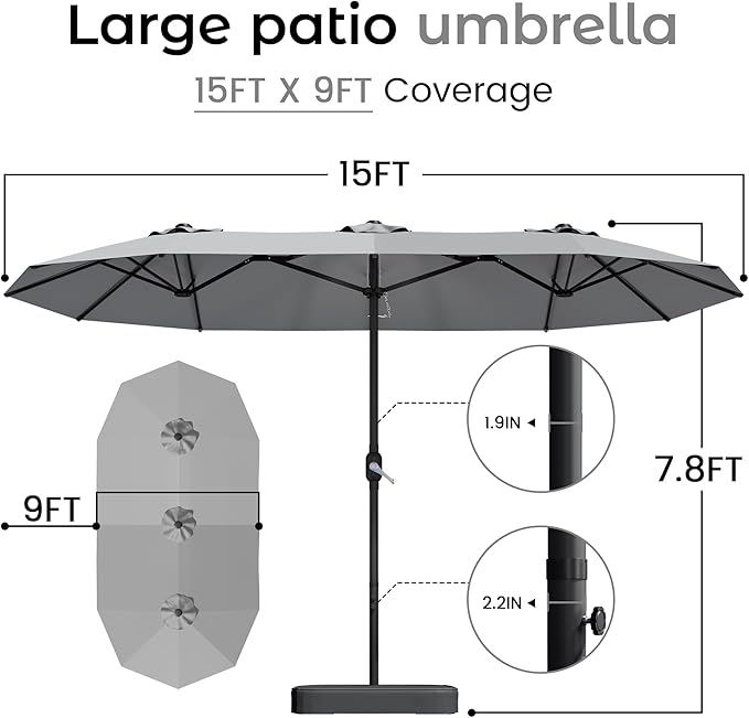 DomeShade 15ft Patio Umbrella with Base,Large Outdoor Double-Sided Rectangle Umbrella with Crank Handle, Market Umbrella for Poolside Garden Deck Backyard Beach Pools, Gray