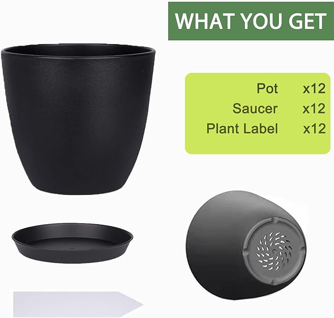SwinDuck Plant Pots, 12 Pack 6 inch Modern Plastic Planters with Drainage Holes and Saucers for Indoor Outdoor Plants and Flowers, Black