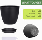 SwinDuck Plant Pots, 12 Pack 6 inch Modern Plastic Planters with Drainage Holes and Saucers for Indoor Outdoor Plants and Flowers, Black