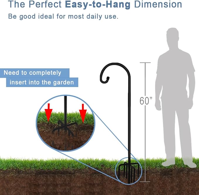 Artigarden 60 inch Outdoor Shepherd Hook with 5 Prong Base (2 Packs), Adjustable Heavy Duty Garden Hanging Stake for Bird Feeder Solar Light Plant Hanger Wedding Decor, Matte Black