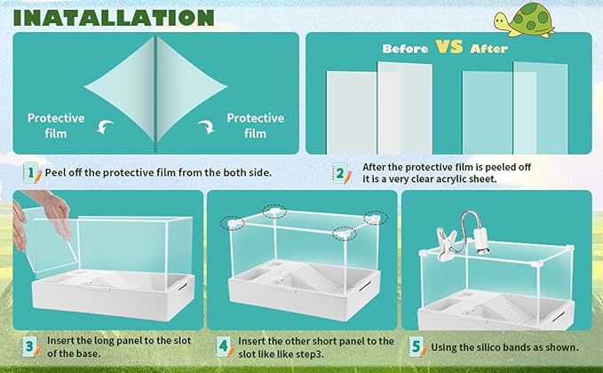Geegoods Turtle Tank Aquarium (Tank + Light + Water Pump), Turtle Tank Starter Kit with Platform Plants for Small Reptiles Habitat（23.6"×14.2"×10.4"）