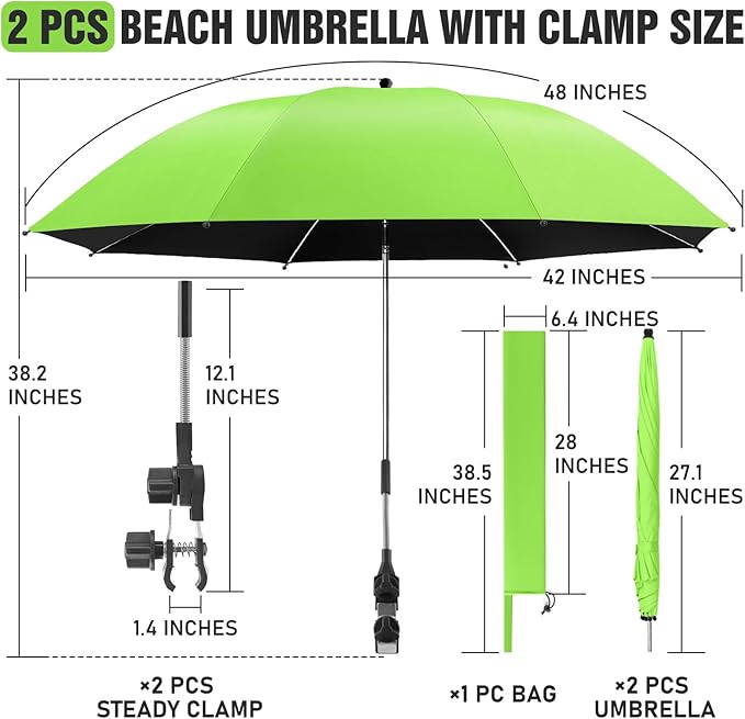 2 PACK Beach Umbrella with Clamp, 360 ° Adjustable Umbrellas for Chair, UPF50+ Umbrella for Beach Chair, Patio Chair, Wheelchair, Camping Chair, Golf Carts (Chair Not Included)