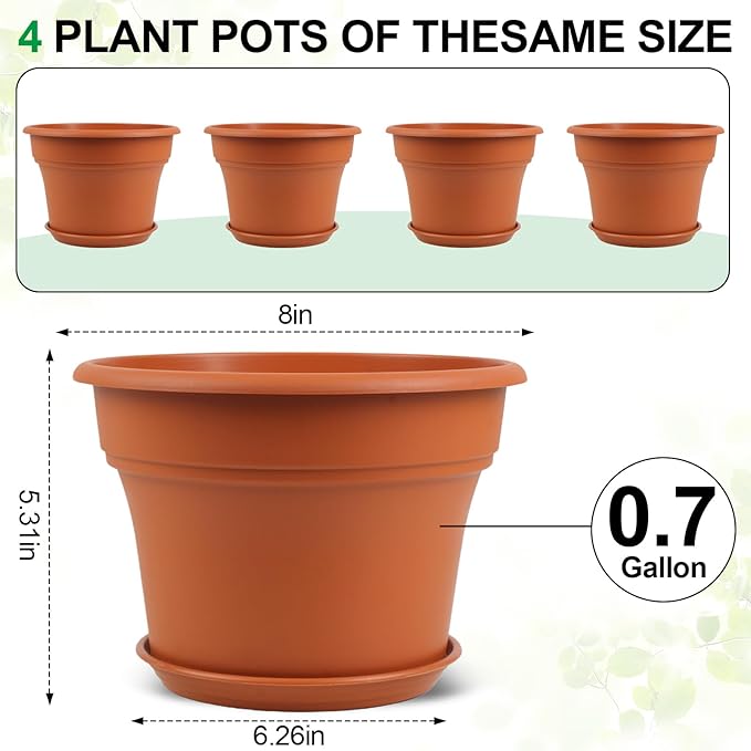 Pottiffe 8 Inch Plastic-Flower Pot-for-Indoor Plants, 4 Pack Large Outdoor Planter Pot with Drainage Holes & Saucers, Resin Decorative Garden Pots Planters