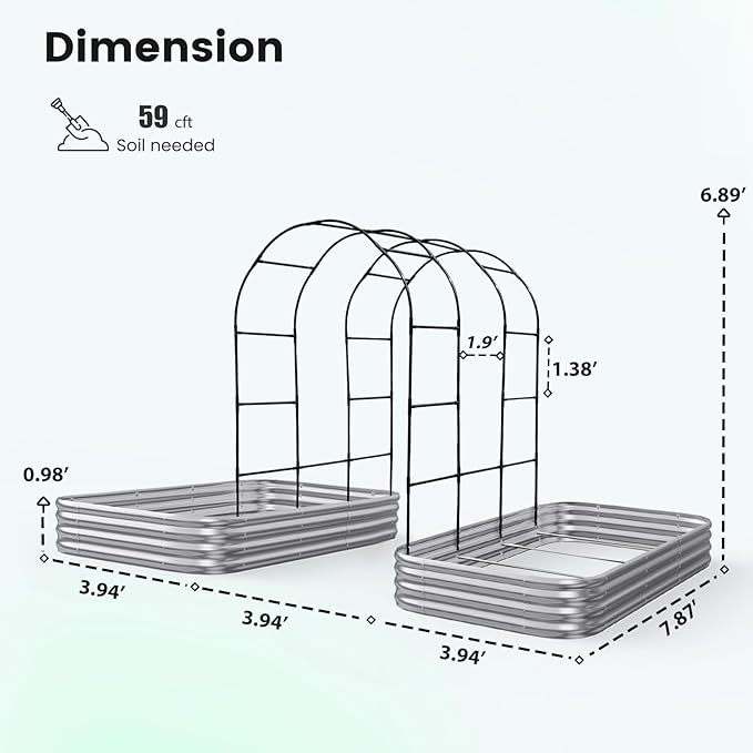 KING BIRD Raised Garden Bed with Arched Trellis Galvanized Planter Garden Box Outdoor for Gardening, Climbing Vegetables, Flowers Silver, 7.87x3.94x0.98 Ft 2PCS