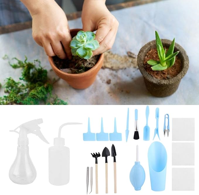 19Pcs Succulent Tools,Mini Garden Small Gardening Tools Indoor, Transplanting Gardening Tools,Pruning Shear Gardening Scissors,Hand Tool kit for Bonsai Indoors Small Plants (Blue)