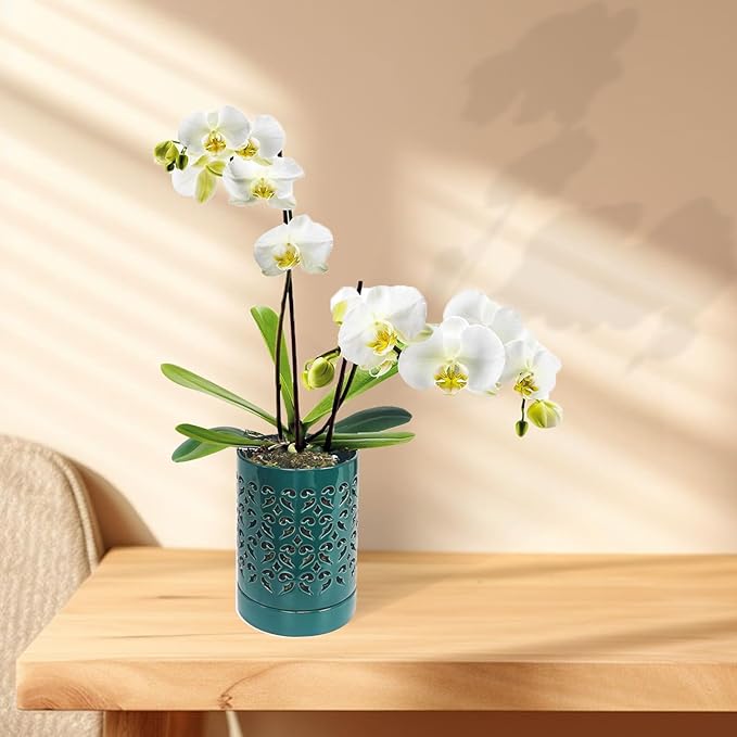 Orchid Pots with Holes 4 Inch 2 Pack, Ceramic Orchid Pot for Repotting with Saucers,More Ventilation Hole Easy Breathing, Plant Pot for Repotting Orchids, Green and White