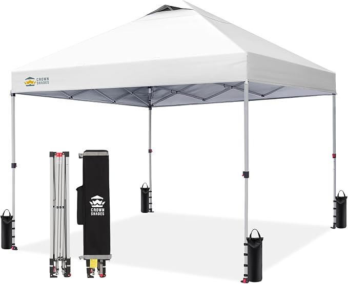 CROWN SHADES 10x10 Pop Up Canopy, Patented Center Lock One Push Tent Canopy, Newly Designed Storage Bag, 8 Stakes, 4 Ropes (10x10, White)