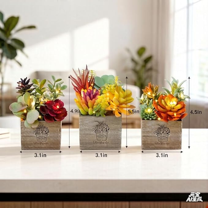Mingfuxin Succulents Plants Artificial, Small Faux Plants with Lights, Assorted Decorative Fake Succulent Potted for Office Desk Bathroom Bedroom Shelves Windows Room Decor