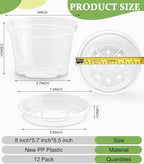 12 Pack 8 Inch Clear Plant Pots with Saucers, Transparent Plastic Nursery Pots with Drainage Hole, Sturdy Garden Planter Pots, Planting Starter Pots for Indoor Outdoor