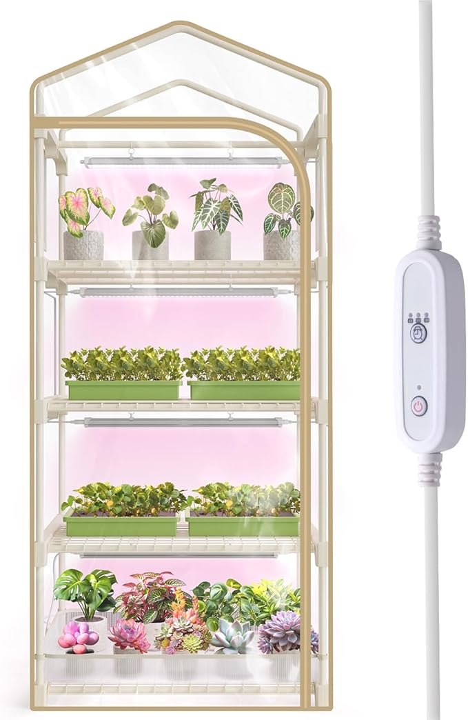 Mini Indoor Greenhouse with Grow Light,4 Tiers Plant Shelf with 1.6FT 20W Full Spectrum Grow Light with Timer for Seed Starting, Ventilation Window & Bottom Pouch, 27" L x 19" W x 63" H