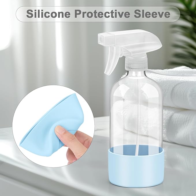Worldgsb 2 Pack Glass Spray Bottles with Silicone Sleeve, 16 oz Empty Refillable Containers with Adjustable Spray Nozzles, Spray Bottles for Hair, Cleaning Solutions and Plants Blue&Pink