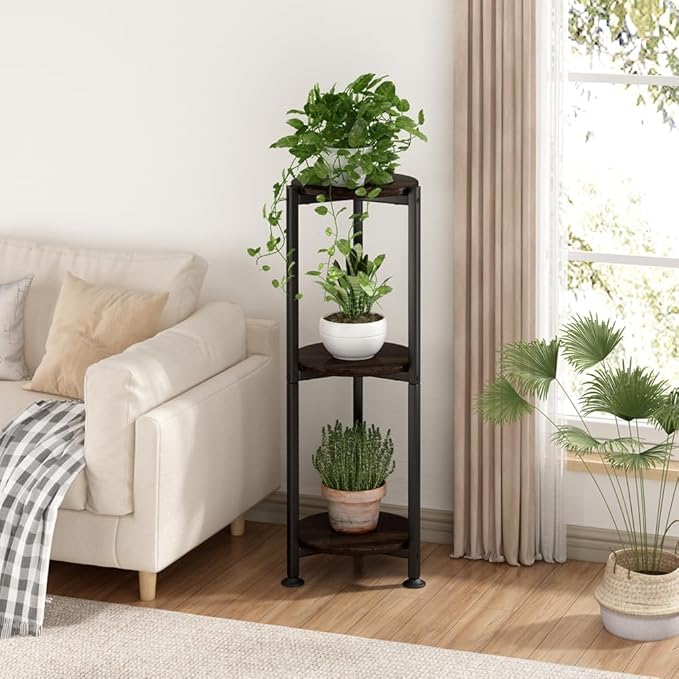 Plant Stand Indoor Outdoor 2 Tier Tall Metal Corner Storage Tiered Plant Shelf Holder Multiple for Living Room Balcony Garden,Black (3 Tier-Black Oak Round)