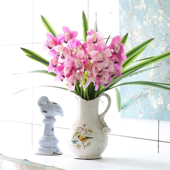 Set of 3 Real Touch Artificial Cymbidium Plants with Stems and Roots Faux Greenery Stems for Pot or Vase Faux Orchid Stems That Look Real for Indoor Home Office Farmhouse Decoration (Green)