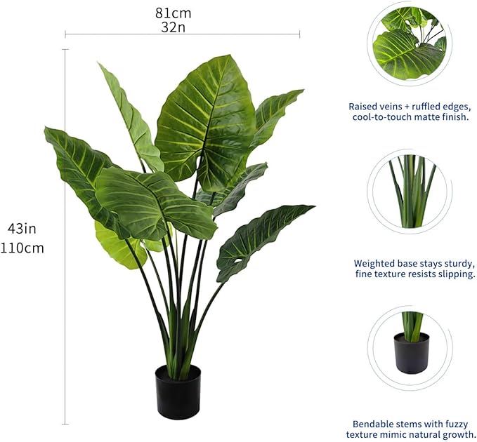 43in Artificial Birds of Paradise Plant - 8 Realistic Leaves, Non-Toxic Faux Indoor Plant for Home Office Decor Pet-Safe, Bendable Stems (43in-1pack)