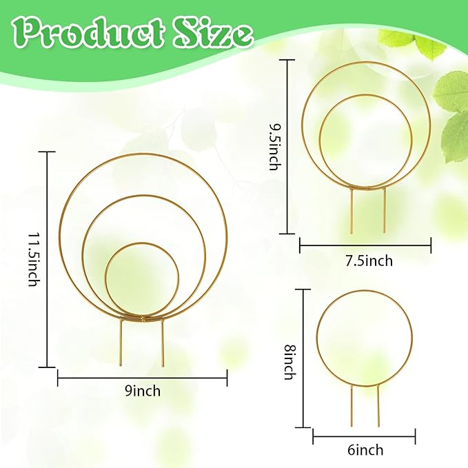 Hoya Trellis 3 Size Indoor Plants Flower Support Stakes Round or Heart Metal Trellis Set Garden Tool Accessories for Small Potted Vine Climbing Houseplants (GoldenC)