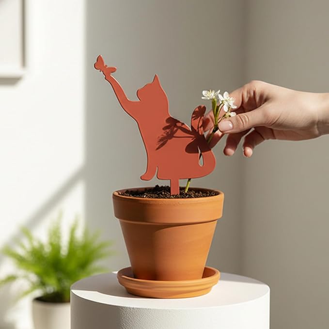 Butterfly-Catching Cat Metal Garden Stake – Powder-Coated Rust-Resistant Plant Pick for Pots & Planters, Playful Indoor/Outdoor Garden Decor