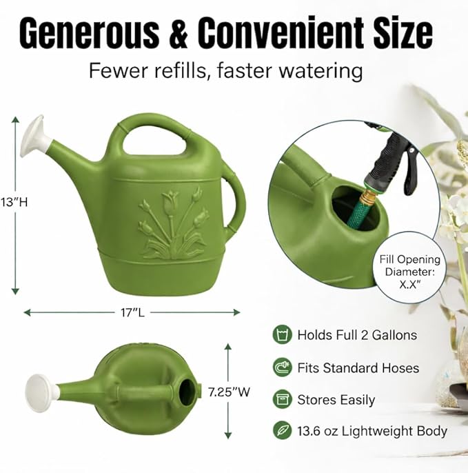 PMU 2 Gallon Watering Can - Garden Watering Can for Indoor & Outdoor Plants - Plastic Water Can with Detachable Sprinkler Head - Large Water Pot, Made in USA - Sage Green Pkg/3