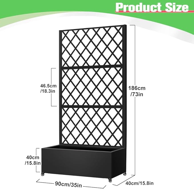 Metal Planter Box with Privacy Screen Trellis,Galvanized Raised Garden Bed On Wheels for Climbing Plants Vines, Standing Garden Flower Bed with Drainage Holes (Black, 35" L x16 W x 73" H)