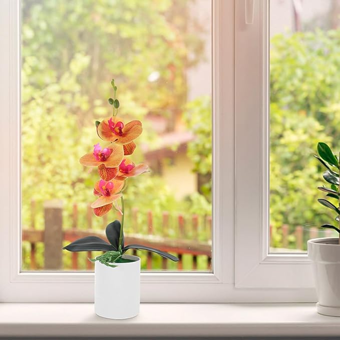 SHINEOFI 2pcs Artificial Potted Butterfly Orchid Faux Bonsai Flowers Orange Desktop Decoration for Living Room Office Home